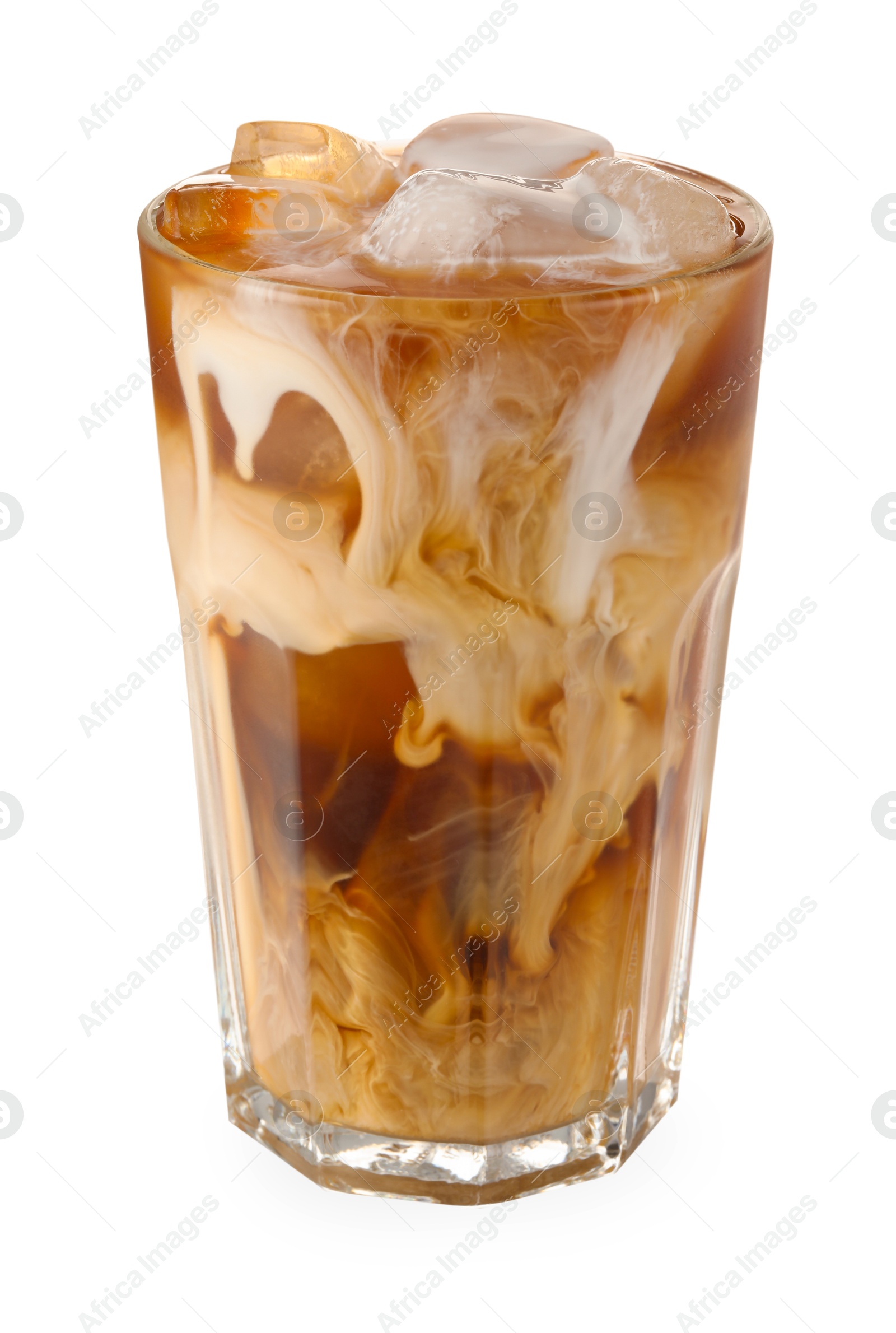 Photo of Refreshing iced coffee with milk in glass isolated on white