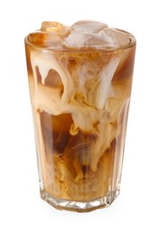 Photo of Refreshing iced coffee with milk in glass isolated on white