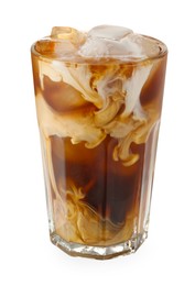 Refreshing iced coffee with milk in glass isolated on white