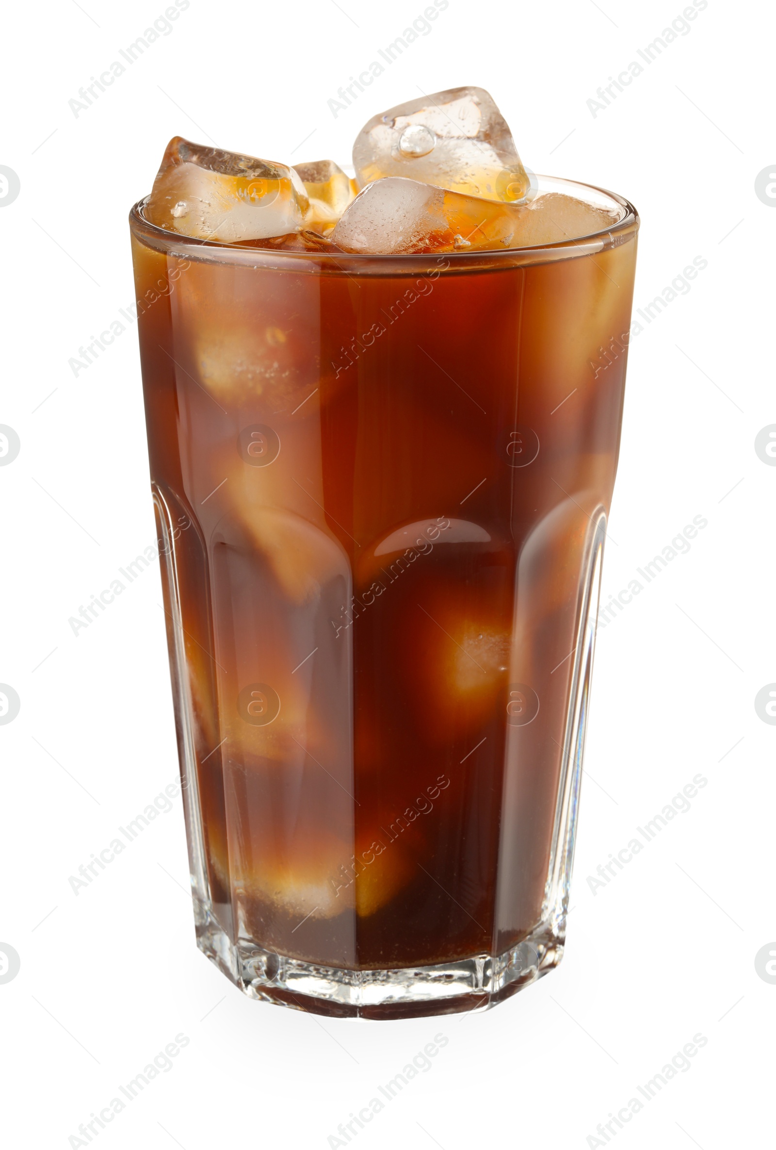 Photo of Refreshing iced coffee in glass isolated on white