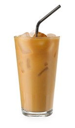 Photo of Refreshing iced coffee with milk in glass isolated on white