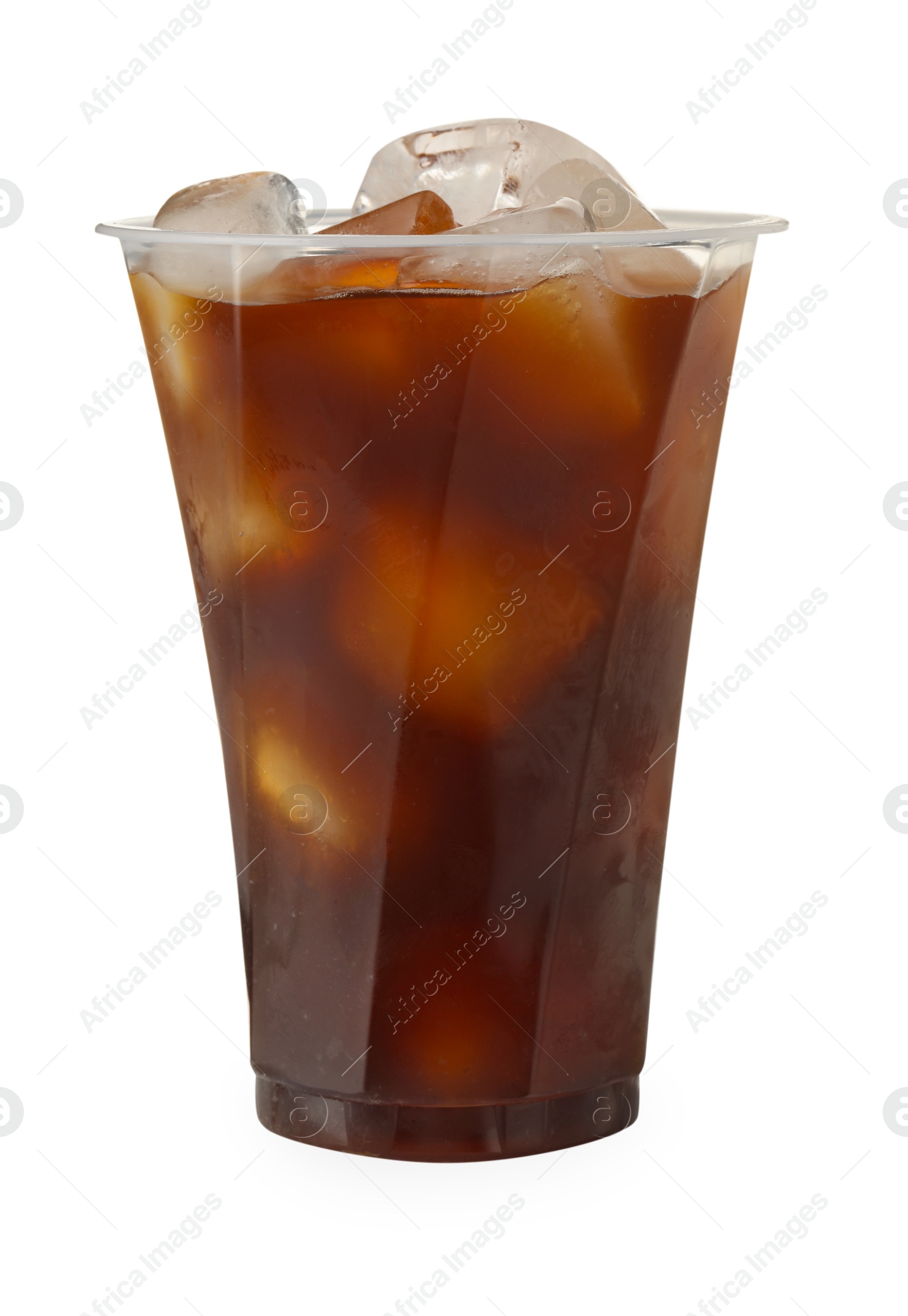 Photo of Refreshing iced coffee in plastic cup isolated on white