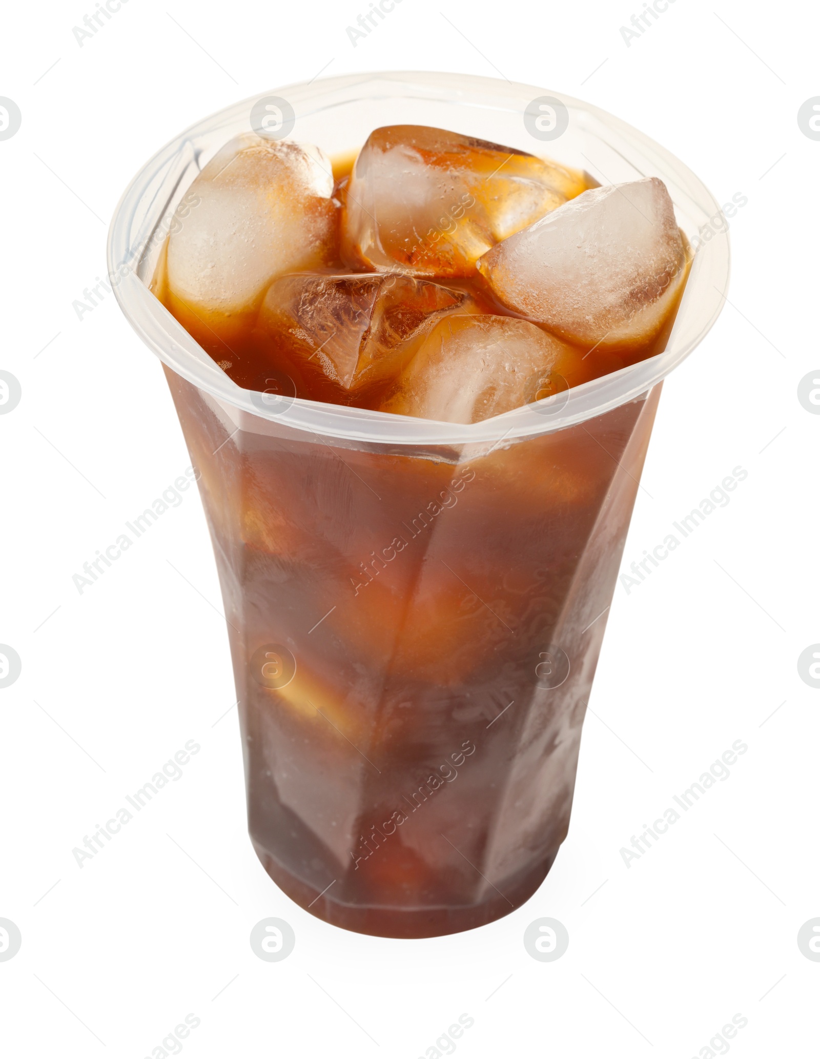 Photo of Refreshing iced coffee in plastic cup isolated on white