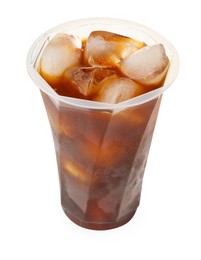 Photo of Refreshing iced coffee in plastic cup isolated on white