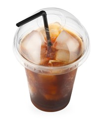 Photo of Refreshing iced coffee in plastic cup isolated on white