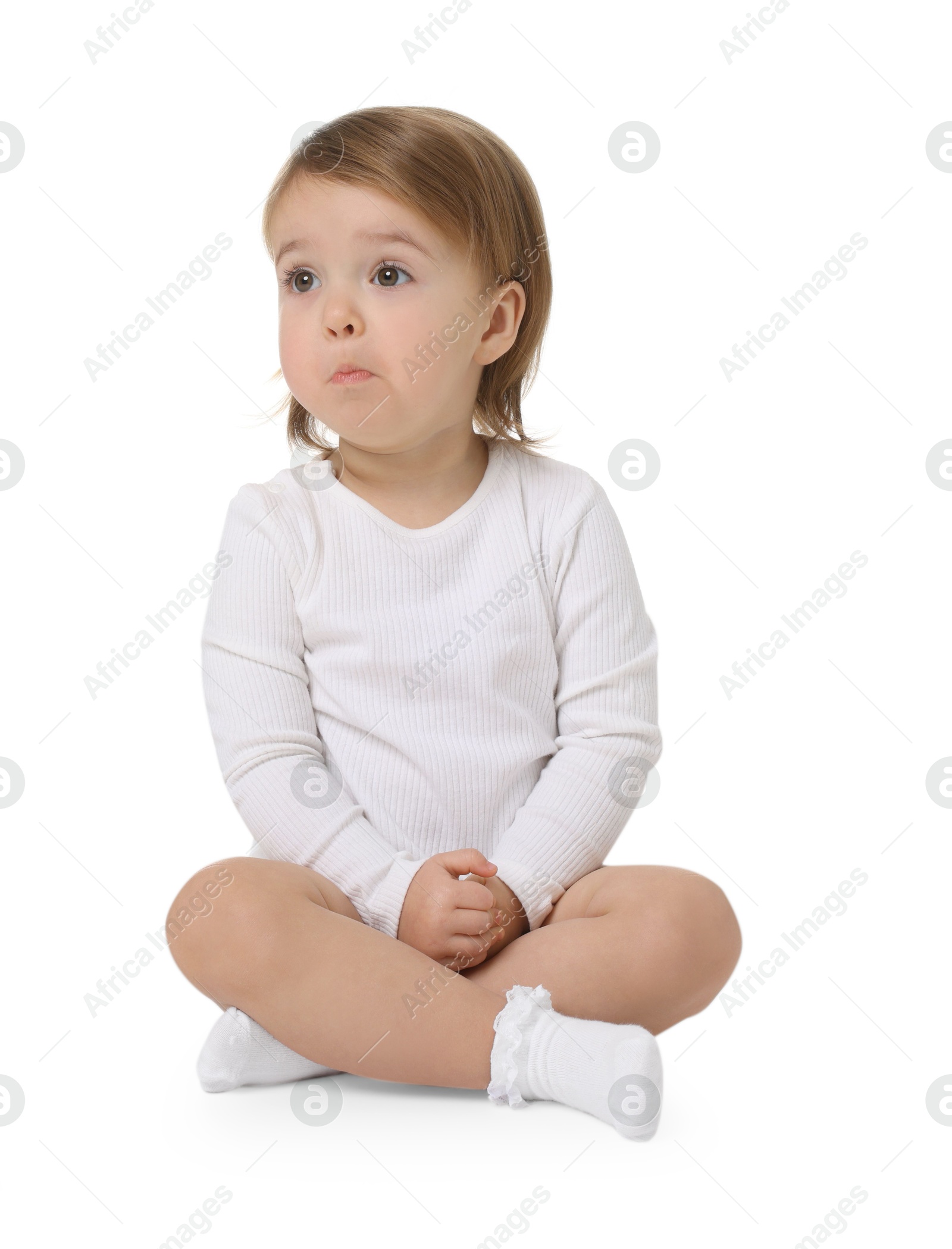 Photo of Cute little baby girl on white background