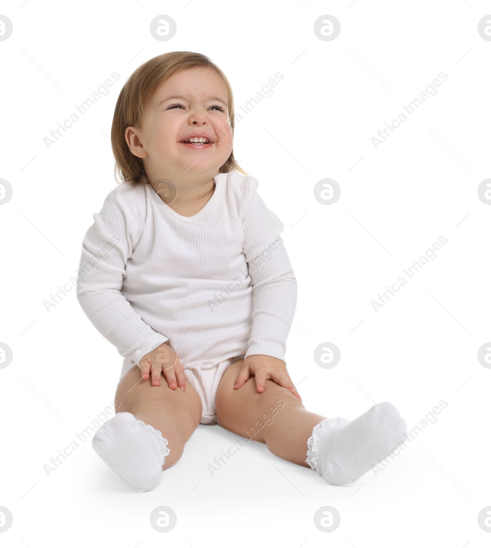 Photo of Cute funny baby girl on white background