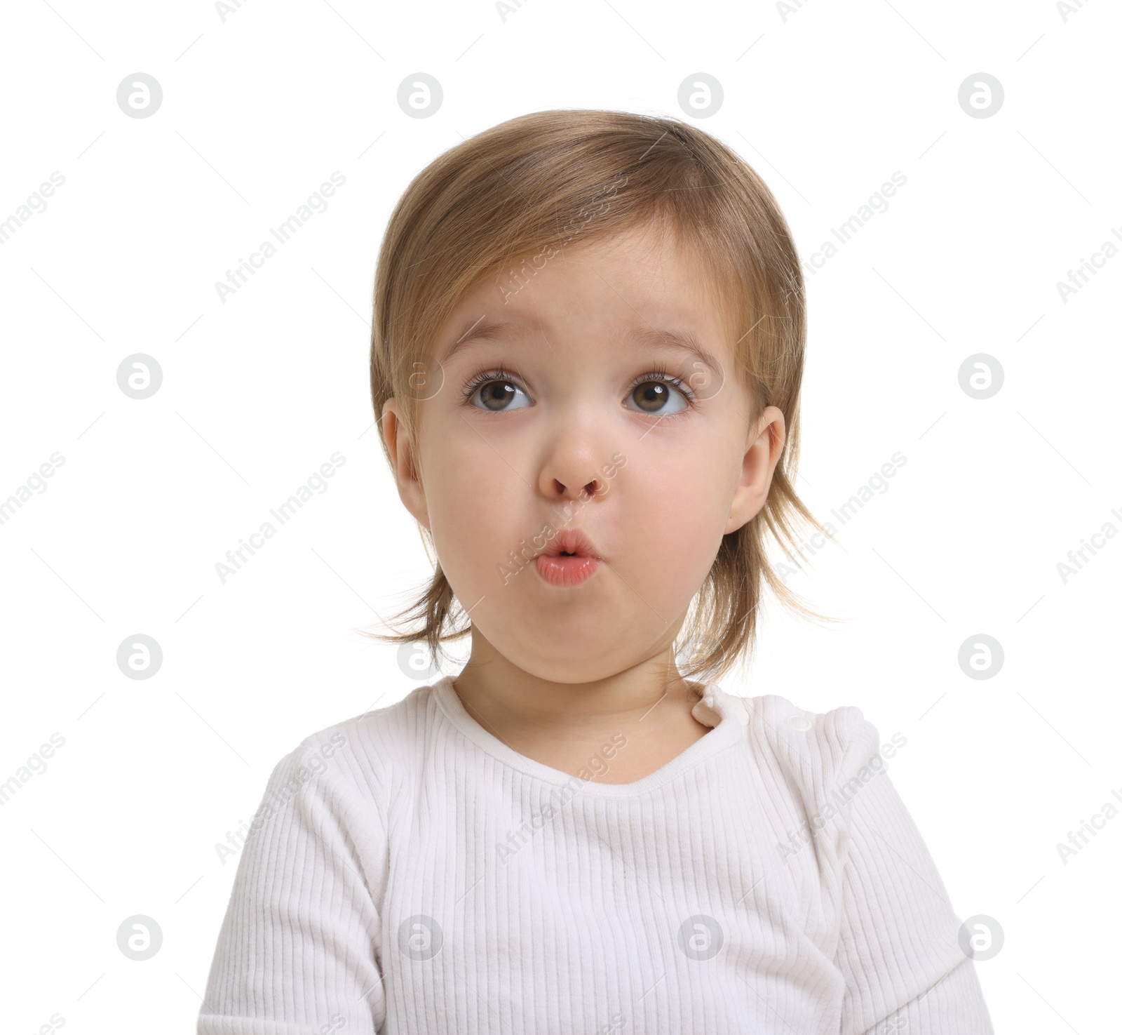 Photo of Cute little baby girl on white background