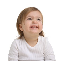 Photo of Cute little baby girl on white background