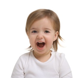 Photo of Cute little baby girl on white background