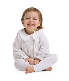 Photo of Cute funny baby girl on white background