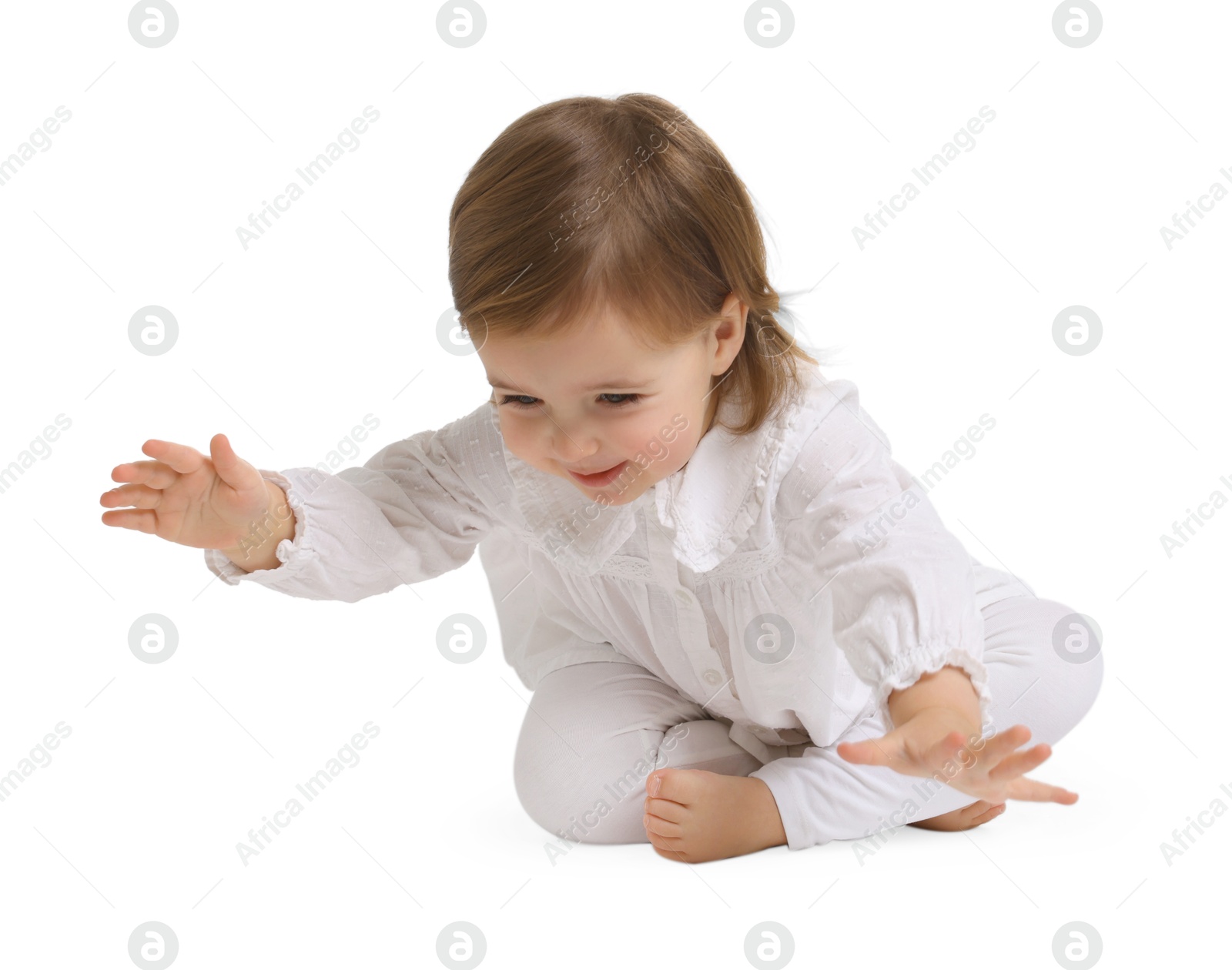 Photo of Cute little baby girl on white background