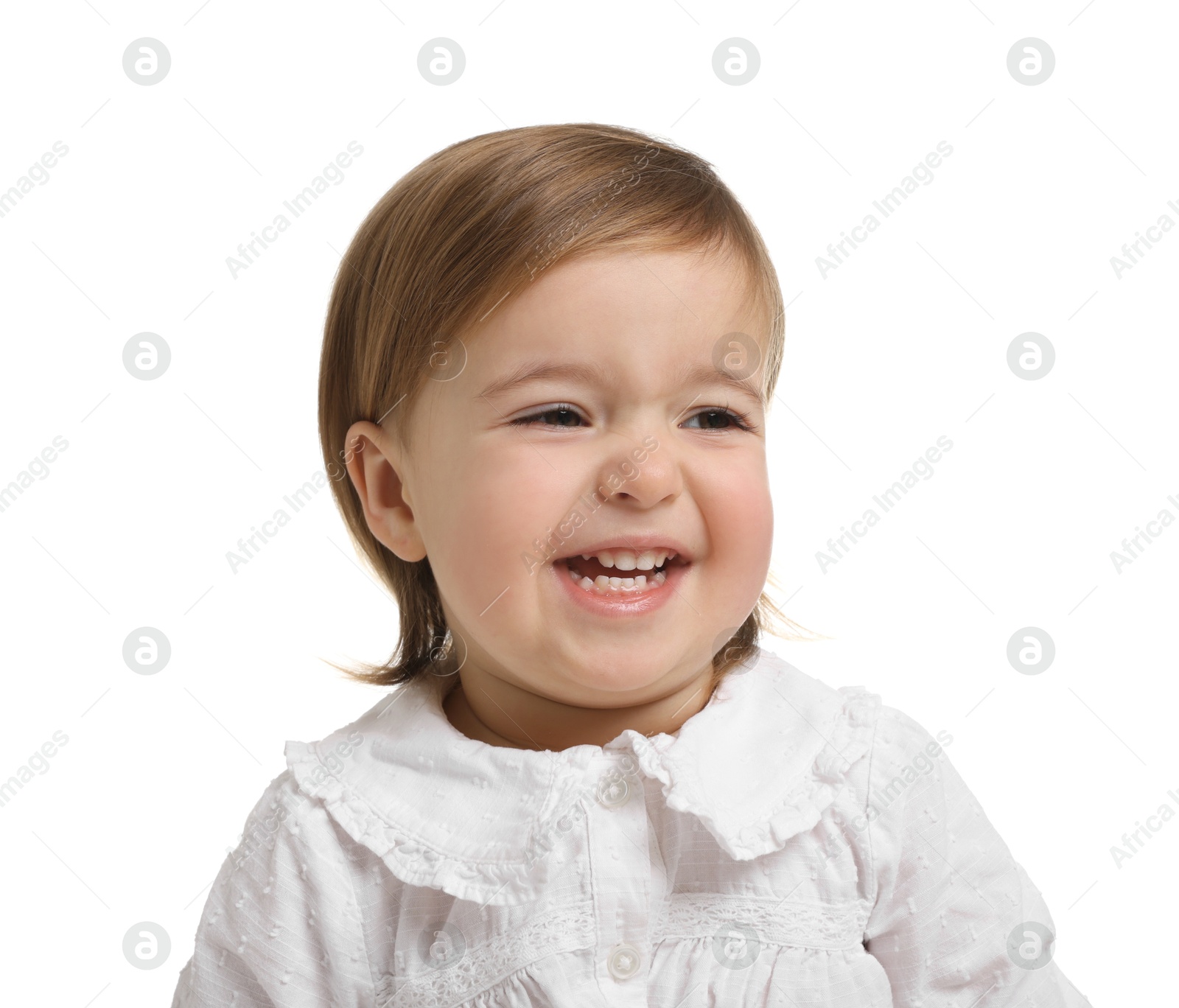 Photo of Cute funny baby girl on white background