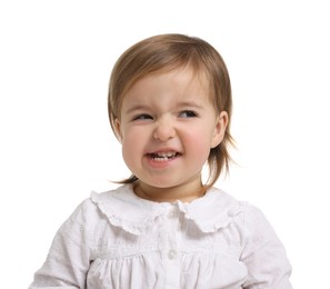 Photo of Cute funny baby girl on white background