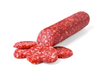 Photo of Delicious dry cured sausage isolated on white