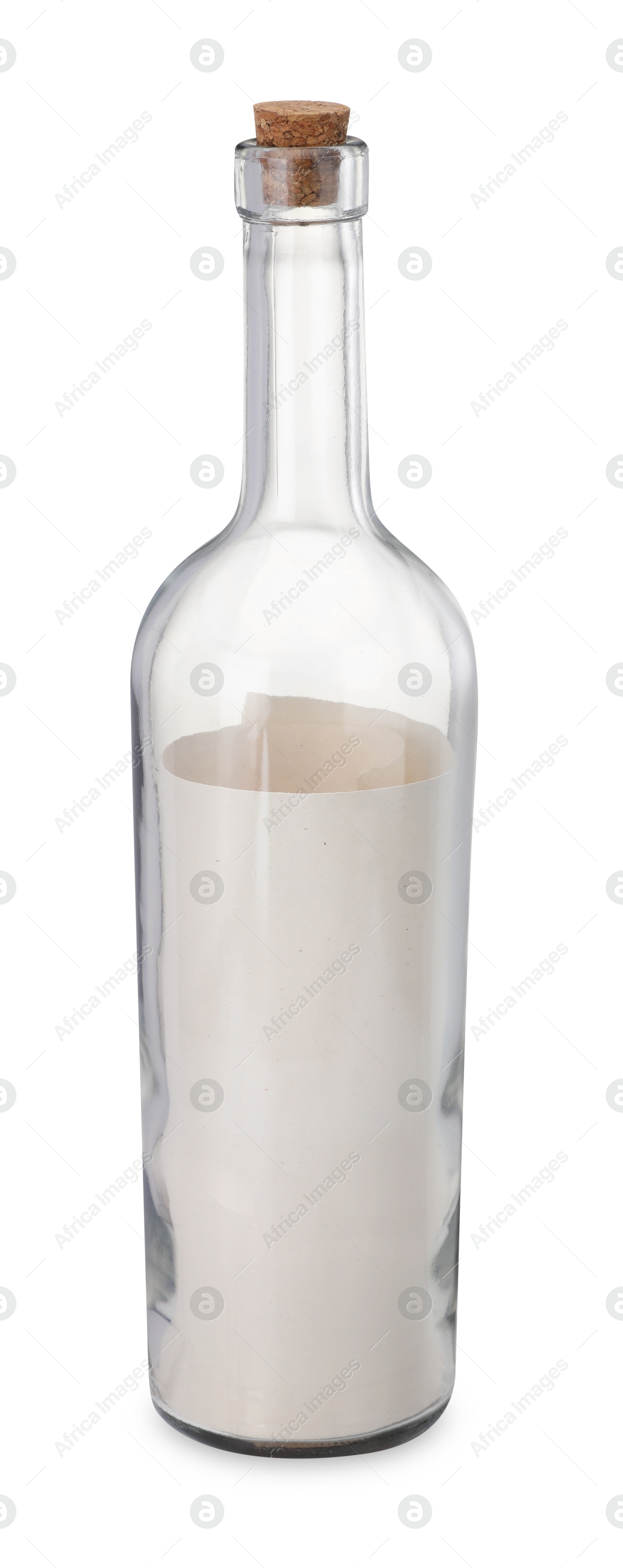 Photo of Rolled letter in corked glass bottle isolated on white