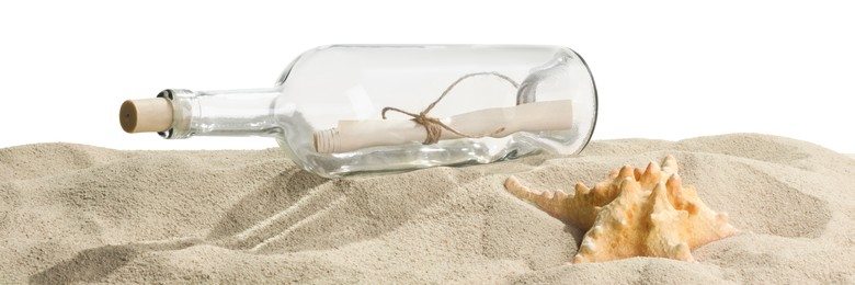 Photo of Rolled letter in corked glass bottle and starfish on sand against white background