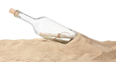 Photo of Rolled letter in corked glass bottle on sand against white background