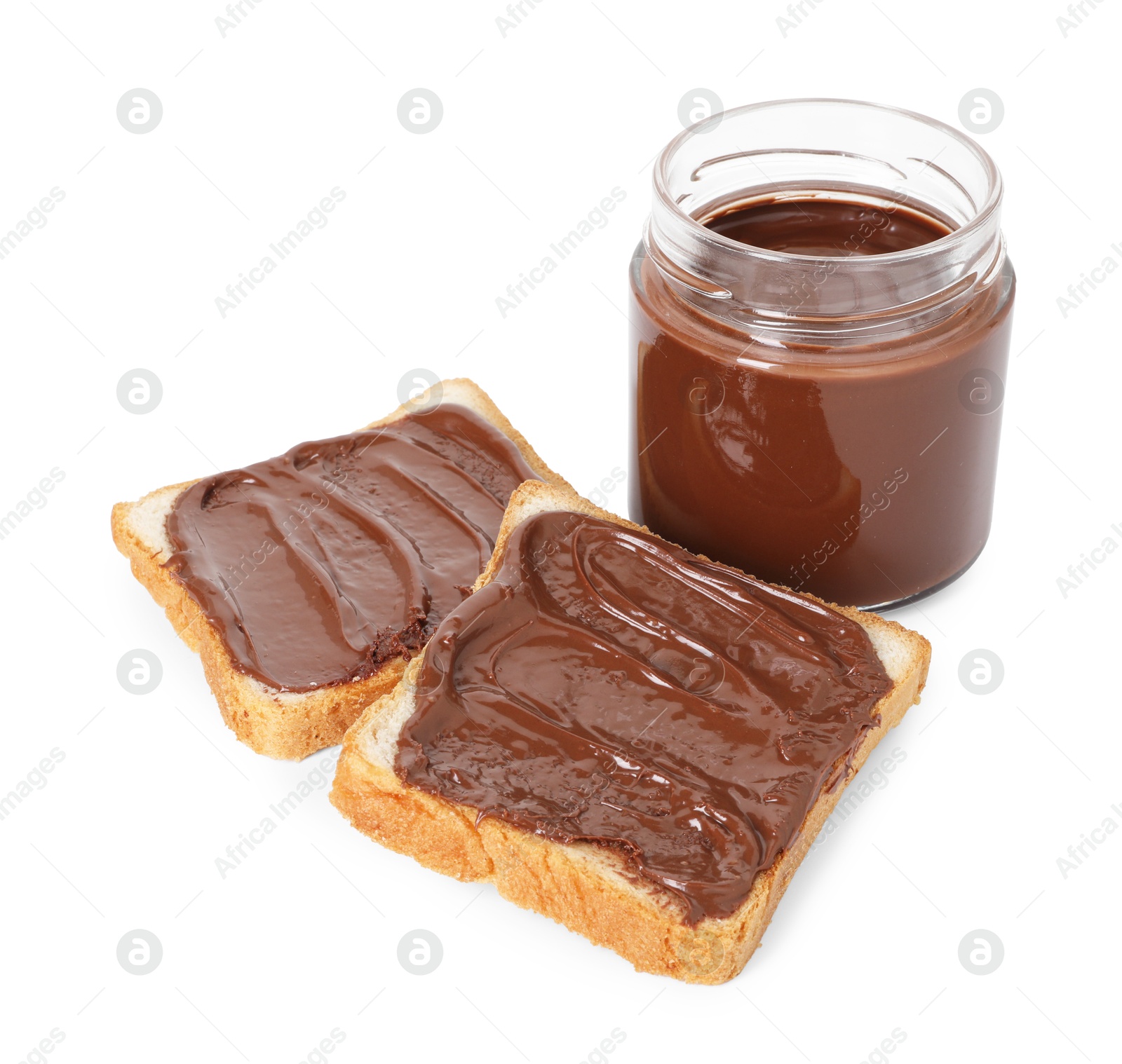 Photo of Tasty sandwiches with chocolate butter isolated on white