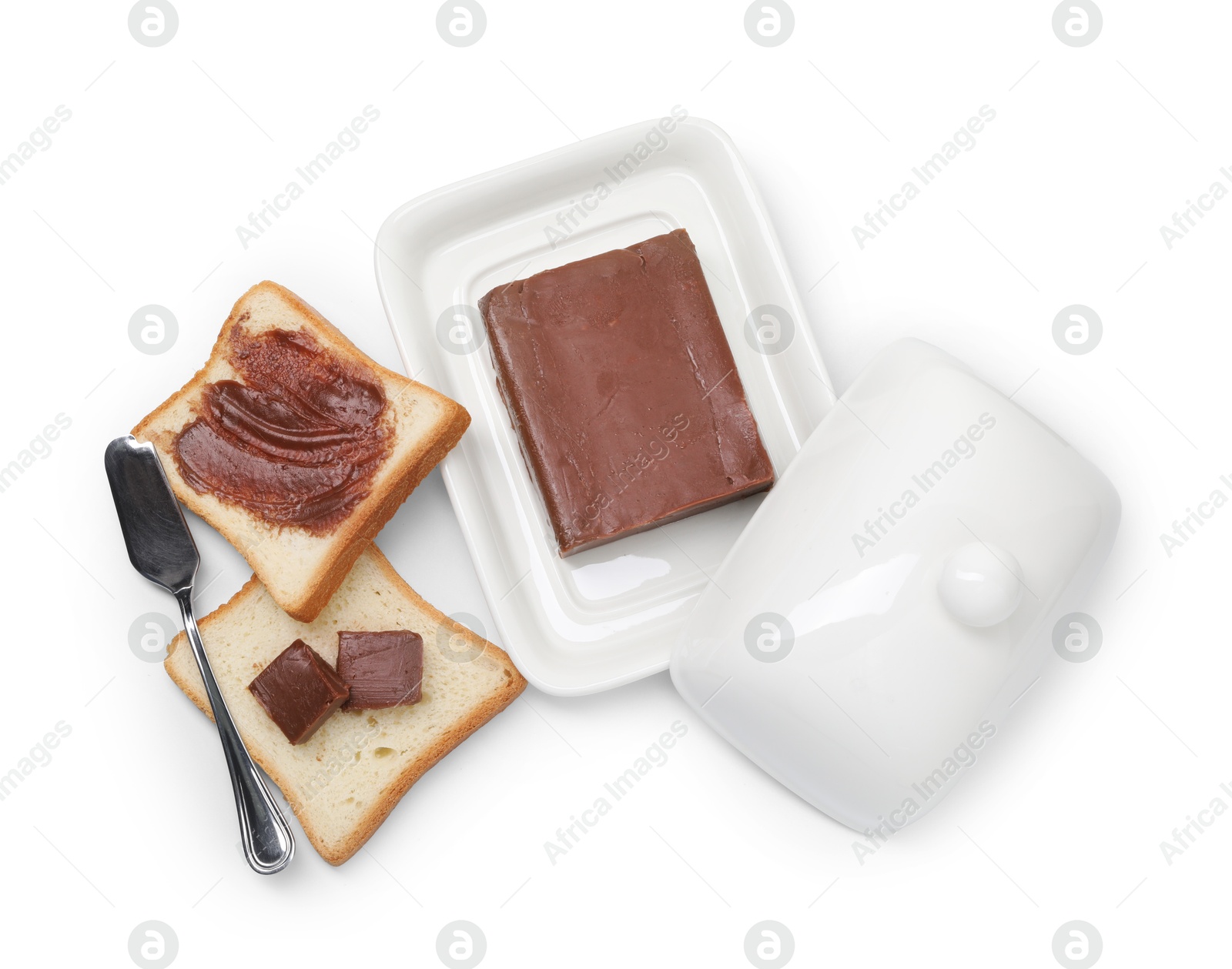 Photo of Tasty sandwiches with chocolate butter and knife isolated on white, top view