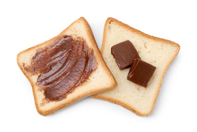 Photo of Tasty sandwiches with chocolate butter isolated on white, top view