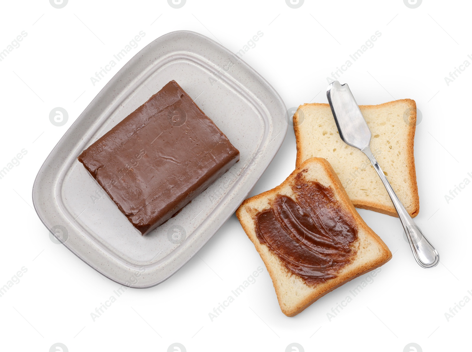 Photo of Tasty sandwiches with chocolate butter and knife isolated on white, top view