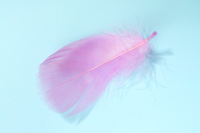 Fluffy pink feather on light blue background, closeup