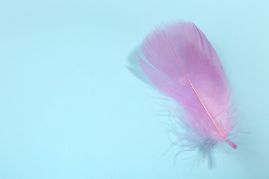 Photo of Fluffy pink feather on light blue background, closeup. Space for text