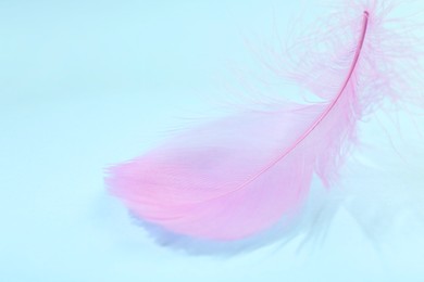 Photo of Fluffy pink feather on light blue background, closeup