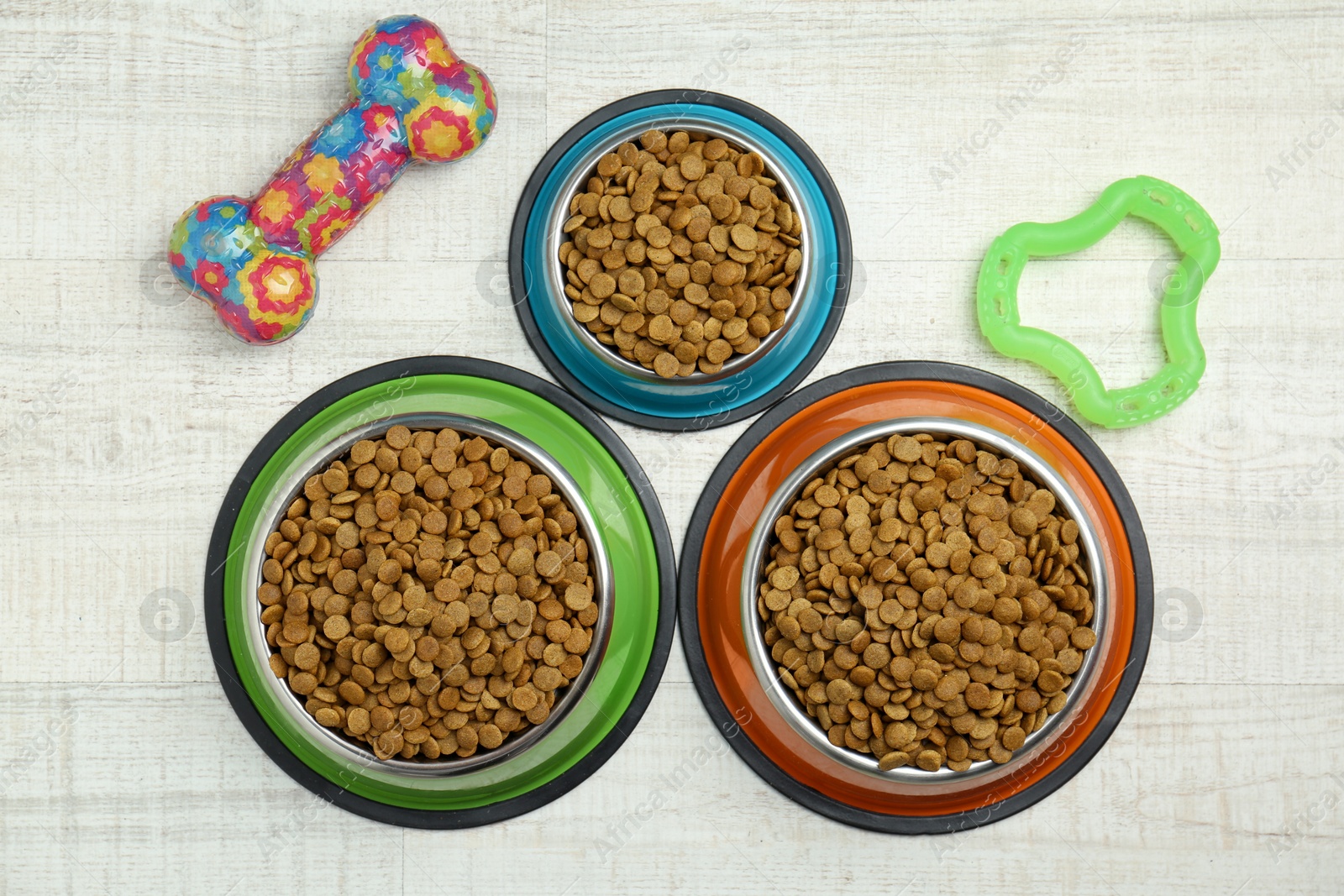 Photo of Dry pet food in feeding bowls and toys on floor, flat lay