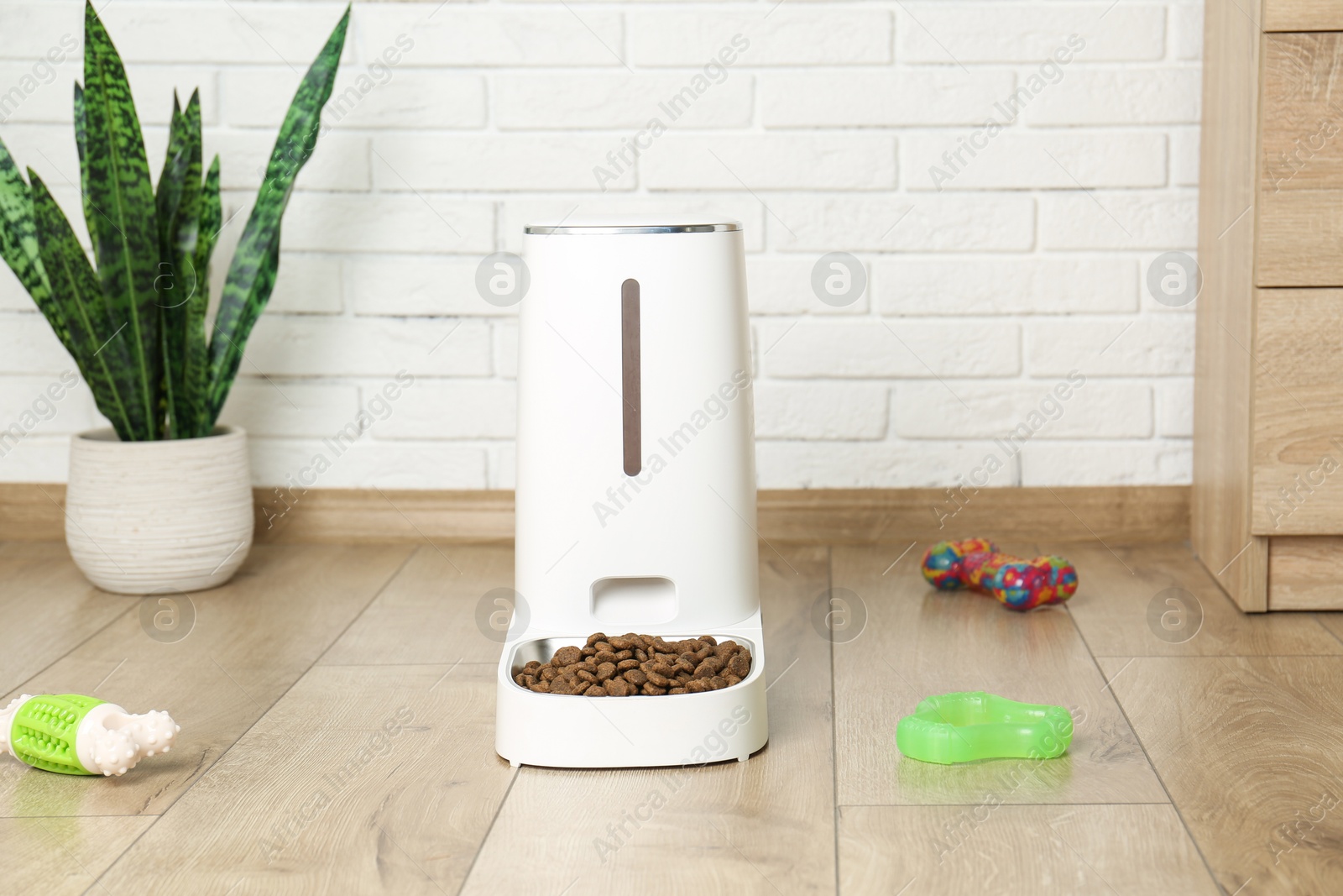 Photo of Dry pet food in automatic feeder and toys on floor indoors