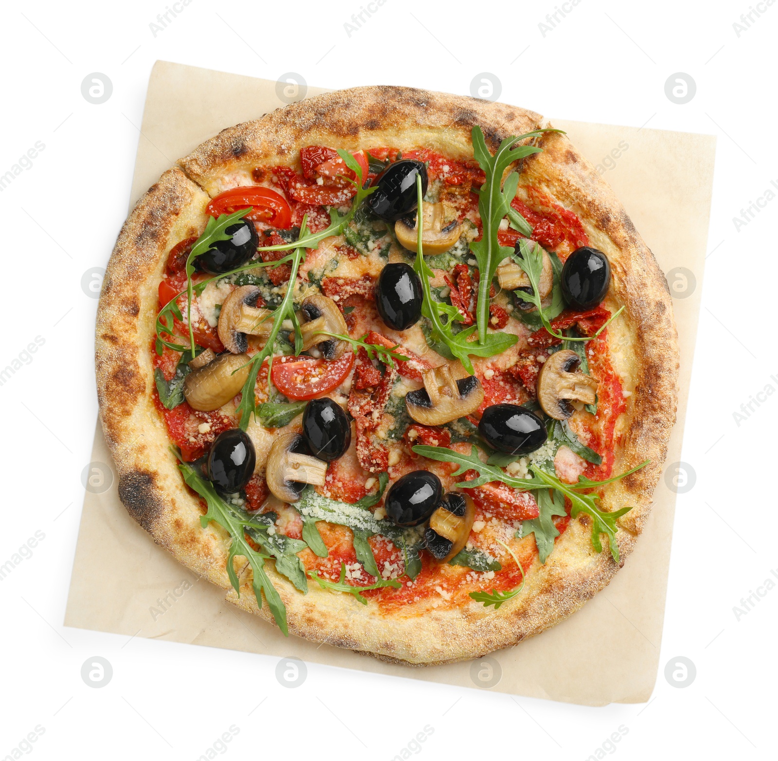 Photo of Tasty pizza with mushrooms, black olives and arugula isolated on white, top view