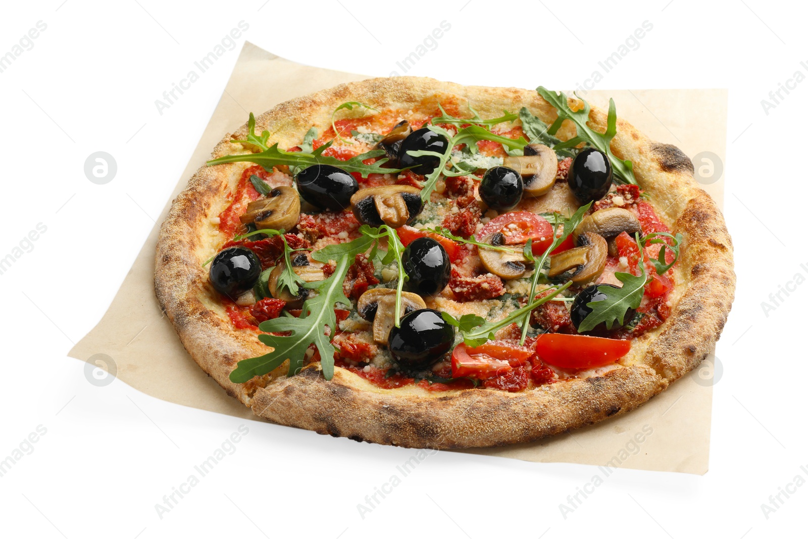 Photo of Tasty pizza with mushrooms, black olives and arugula isolated on white