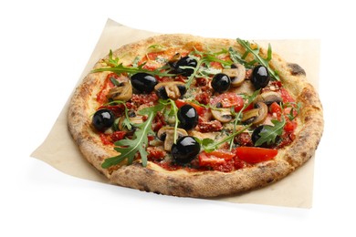 Photo of Tasty pizza with mushrooms, black olives and arugula isolated on white