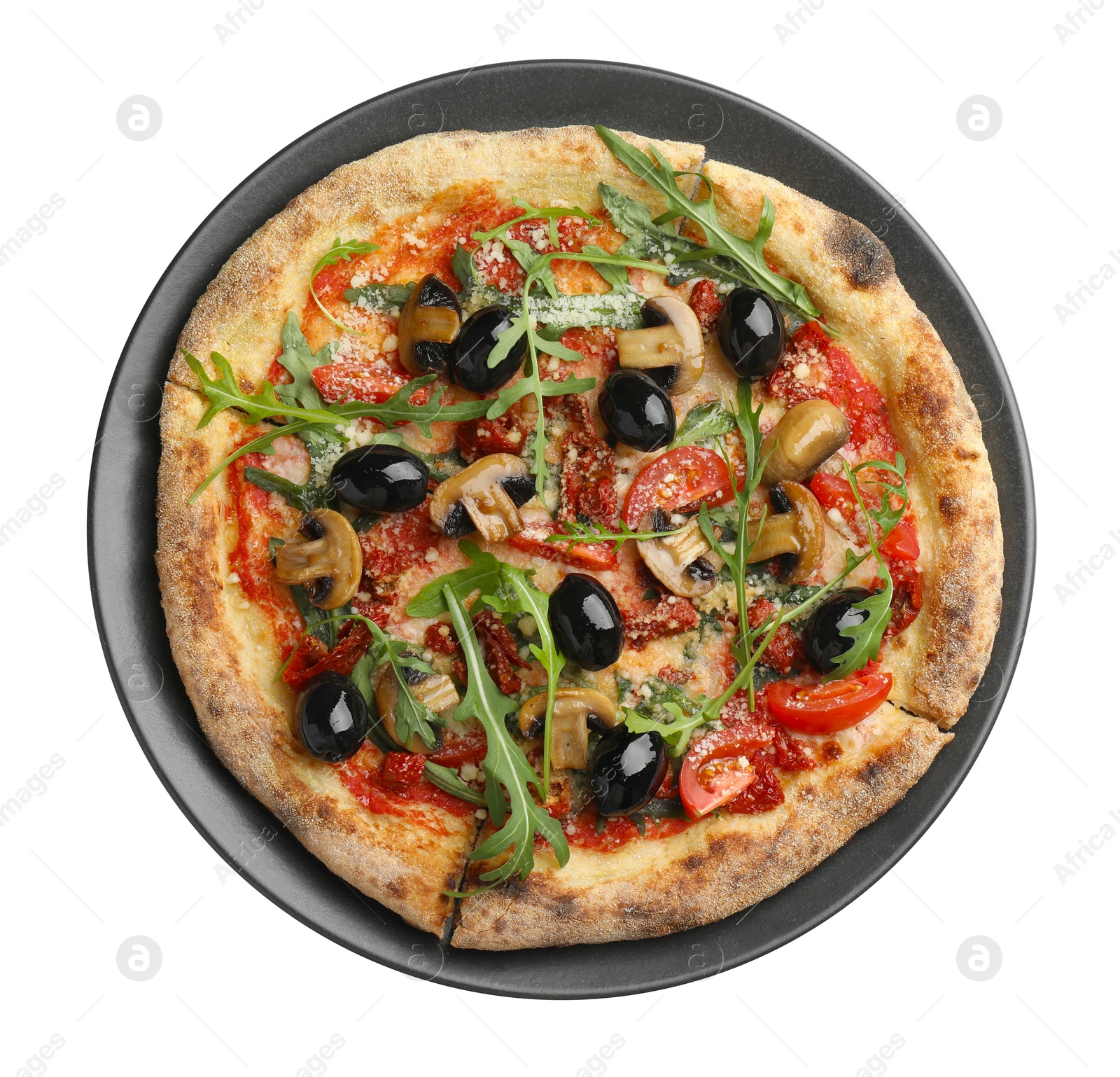 Photo of Tasty pizza with mushrooms, black olives and arugula isolated on white, top view