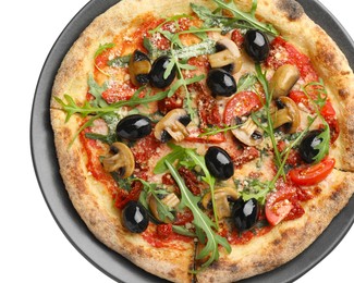 Photo of Tasty pizza with mushrooms, black olives and arugula isolated on white, top view