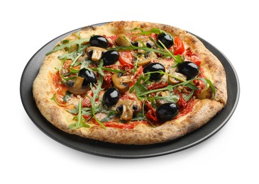 Tasty pizza with mushrooms, black olives and arugula isolated on white