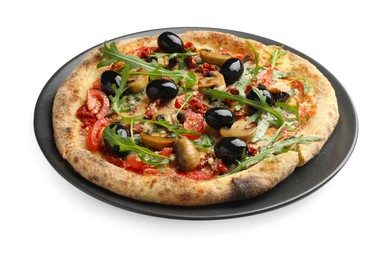 Tasty pizza with mushrooms, black olives and arugula isolated on white