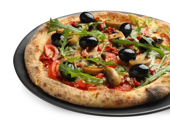 Tasty pizza with mushrooms, black olives and arugula isolated on white