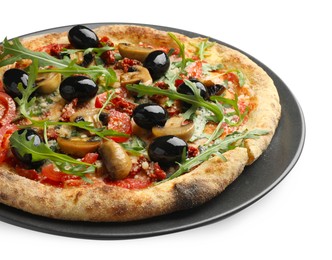 Photo of Tasty pizza with mushrooms, black olives and arugula isolated on white