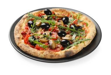 Tasty pizza with mushrooms, black olives and arugula isolated on white