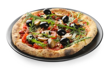 Photo of Tasty pizza with mushrooms, black olives and arugula isolated on white