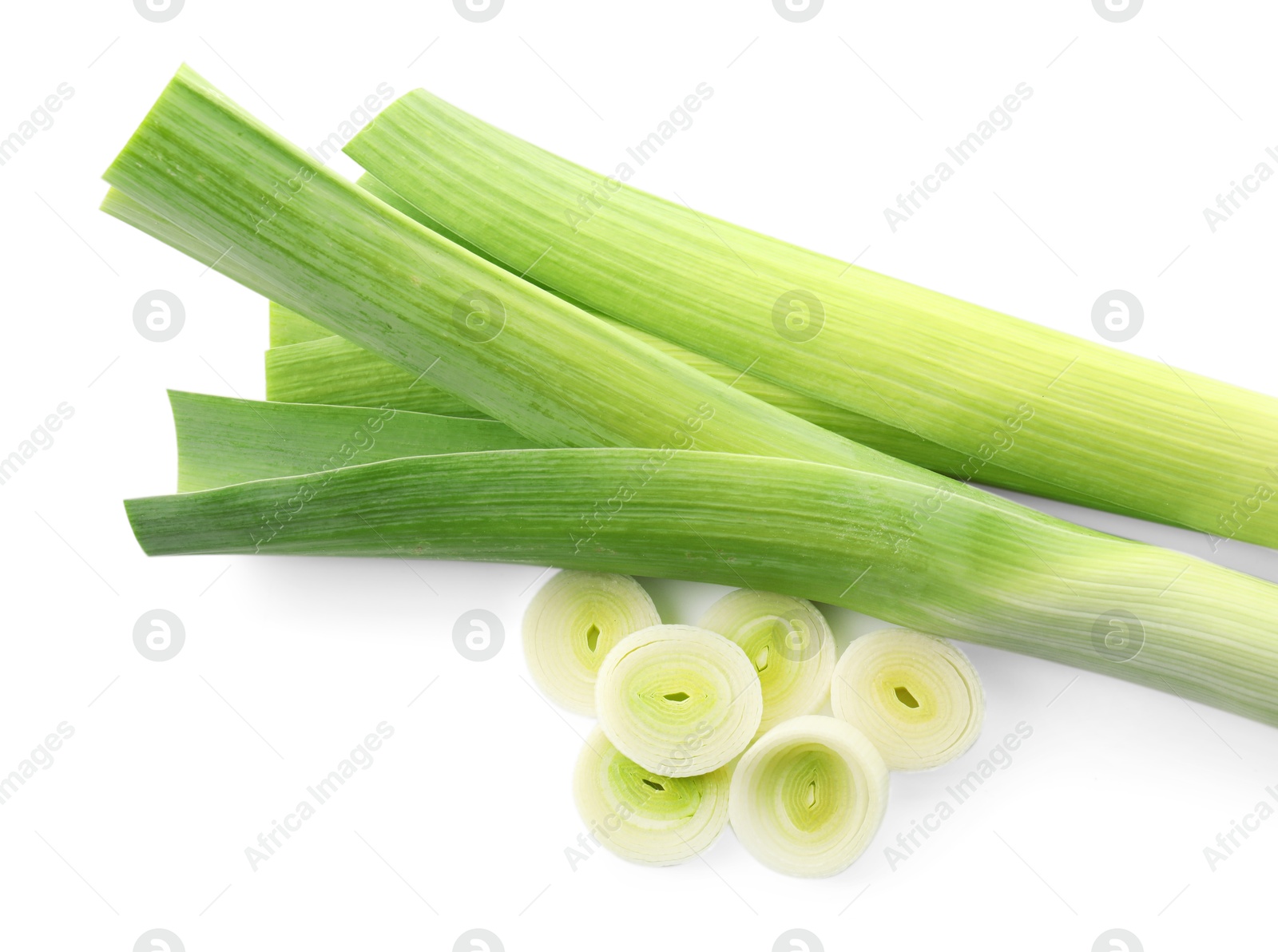 Photo of Whole and cut leeks isolated on white