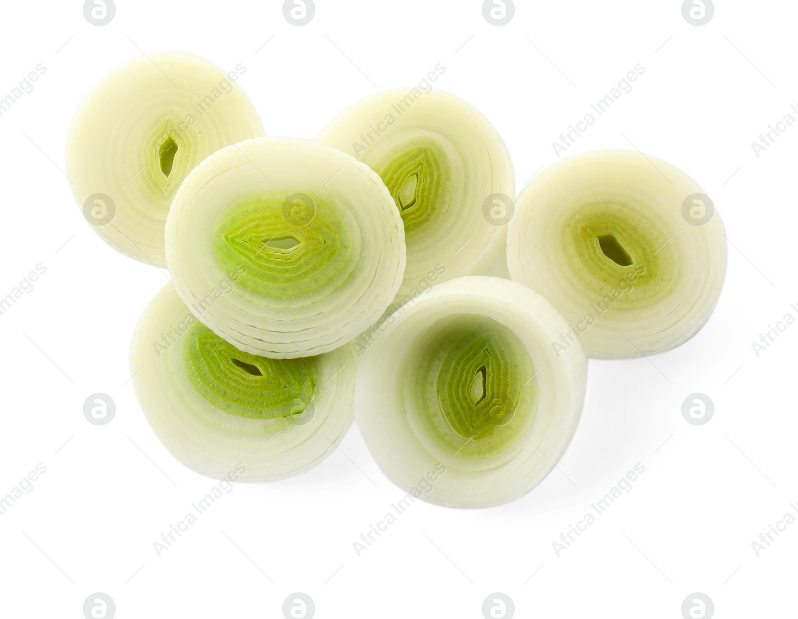 Photo of Chopped leek isolated on white, top view. Fresh vegetable