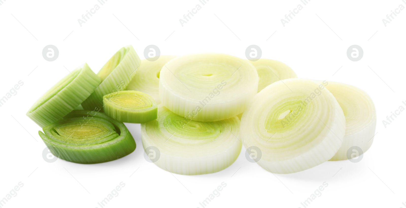 Photo of Chopped leek isolated on white. Fresh vegetable