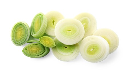 Photo of Chopped leek isolated on white, top view. Fresh vegetable