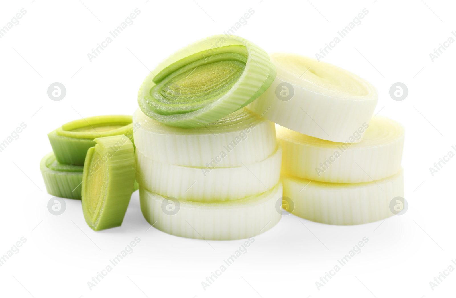 Photo of Chopped leek isolated on white. Fresh vegetable