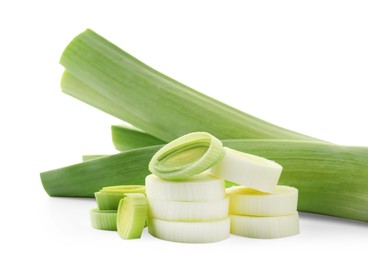 Photo of Whole and cut leeks isolated on white