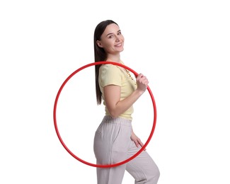 Photo of Smiling woman with hula hoop on white background