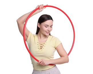 Photo of Smiling woman with hula hoop on white background